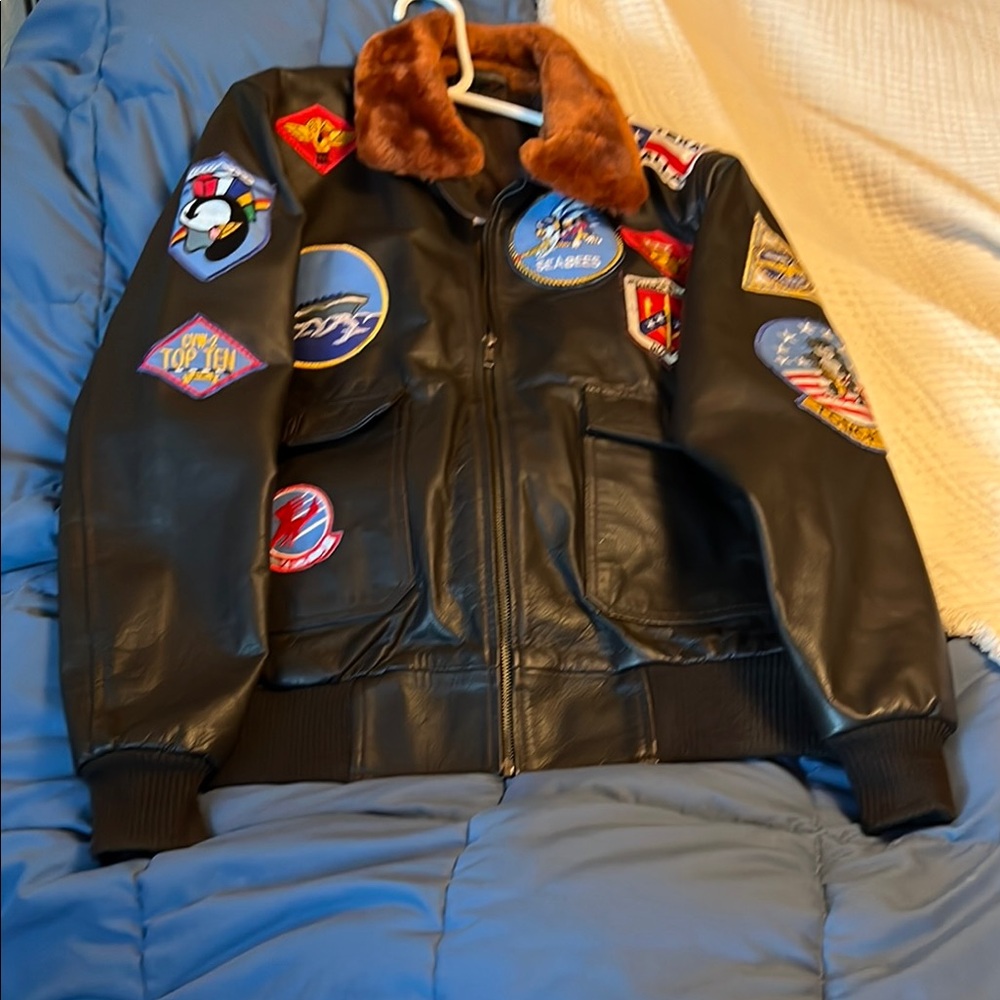 Vintage Leather Bomber Jacket with Patches